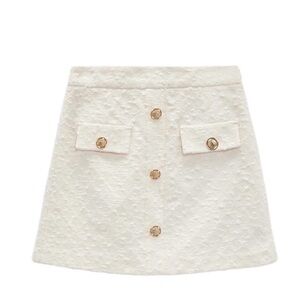 Zara White Textured Skort with Gold Buttons